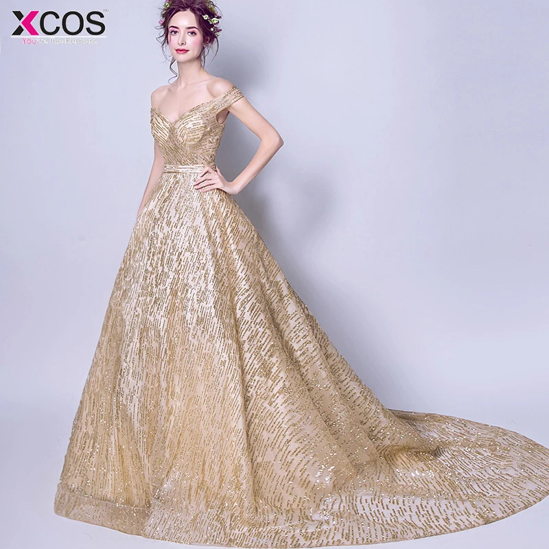 Блестящие золотые платья выпускного вечера с блестками 2018 Дешевые плеча