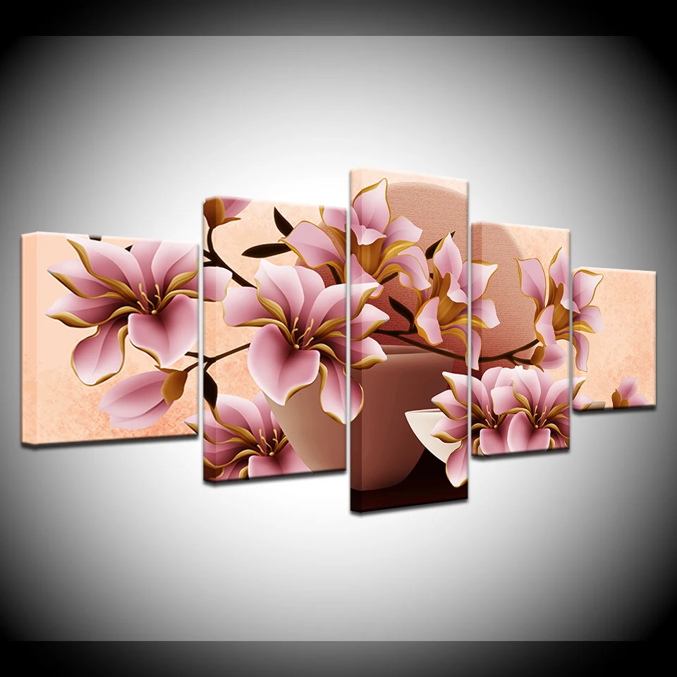 Картина на холсте HD розовая Магнолия цветы 5 шт. Настенная картина модульные обои