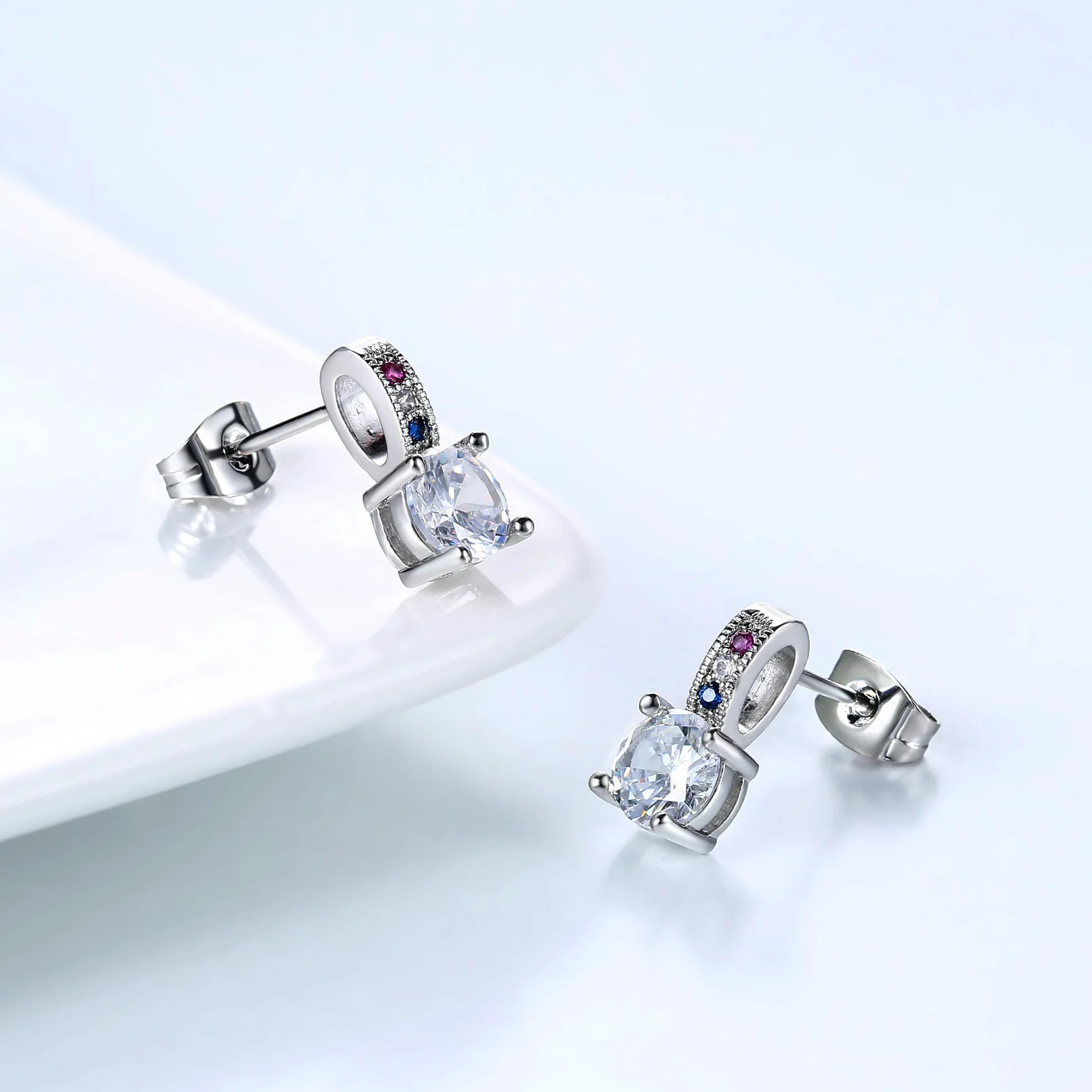 Hainon Cute Romantic Lovely Clear Stone Round Shape Simple Silver Color Stud Earrings Blue Purple Cubic Zirconia For Women Party | Украшения