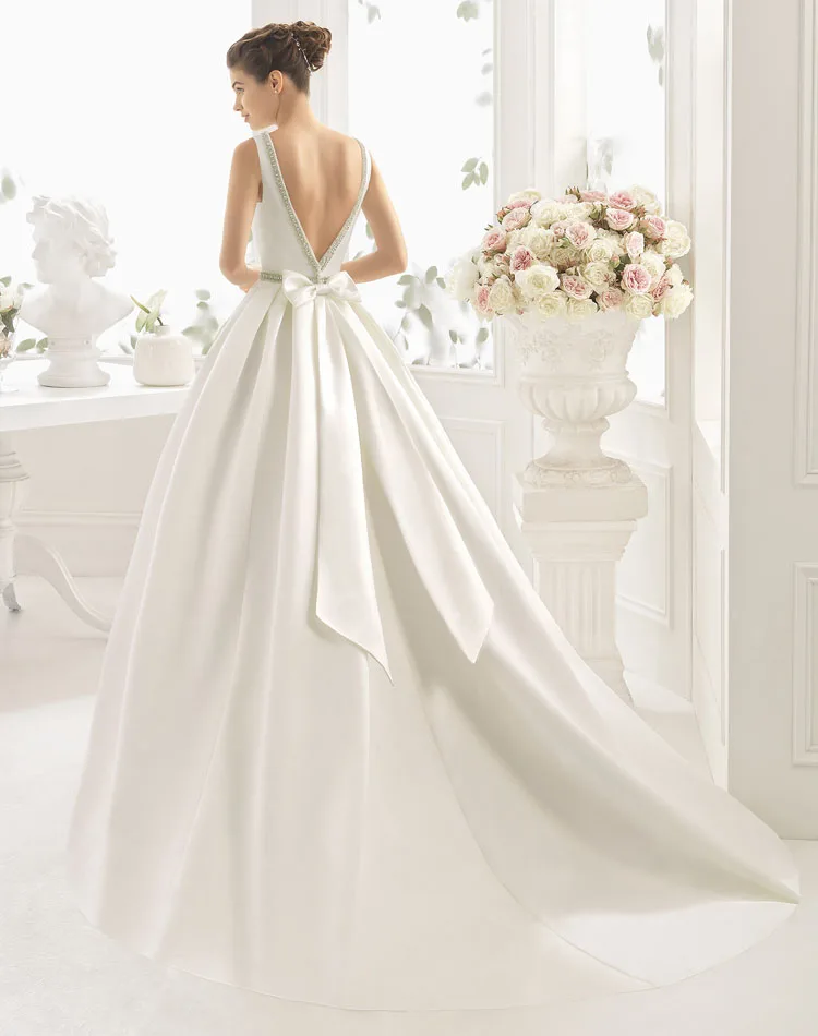 

vestidos de noiva Ivory Stain Dresses for Wedding Party 2019 Beads Bow Court Train O-Neck Backless Bridal Gown Formal Dresses