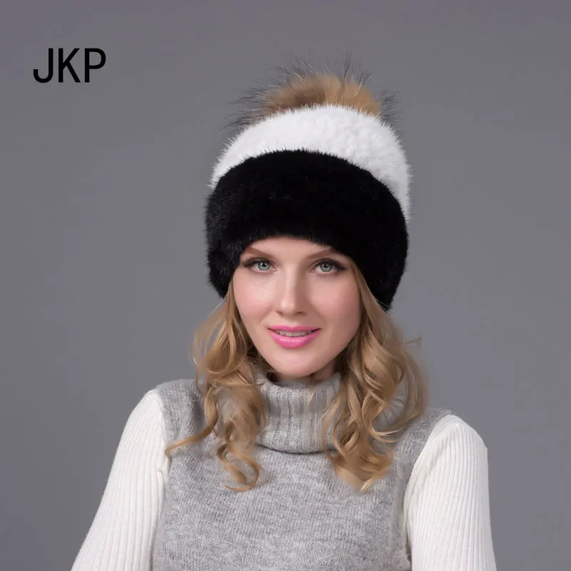 JKP натуральным норковая шапка из меха енота помпонами шляпа шапочки зимние вязаные Шапки для женщин - Цвет: BZ 06H