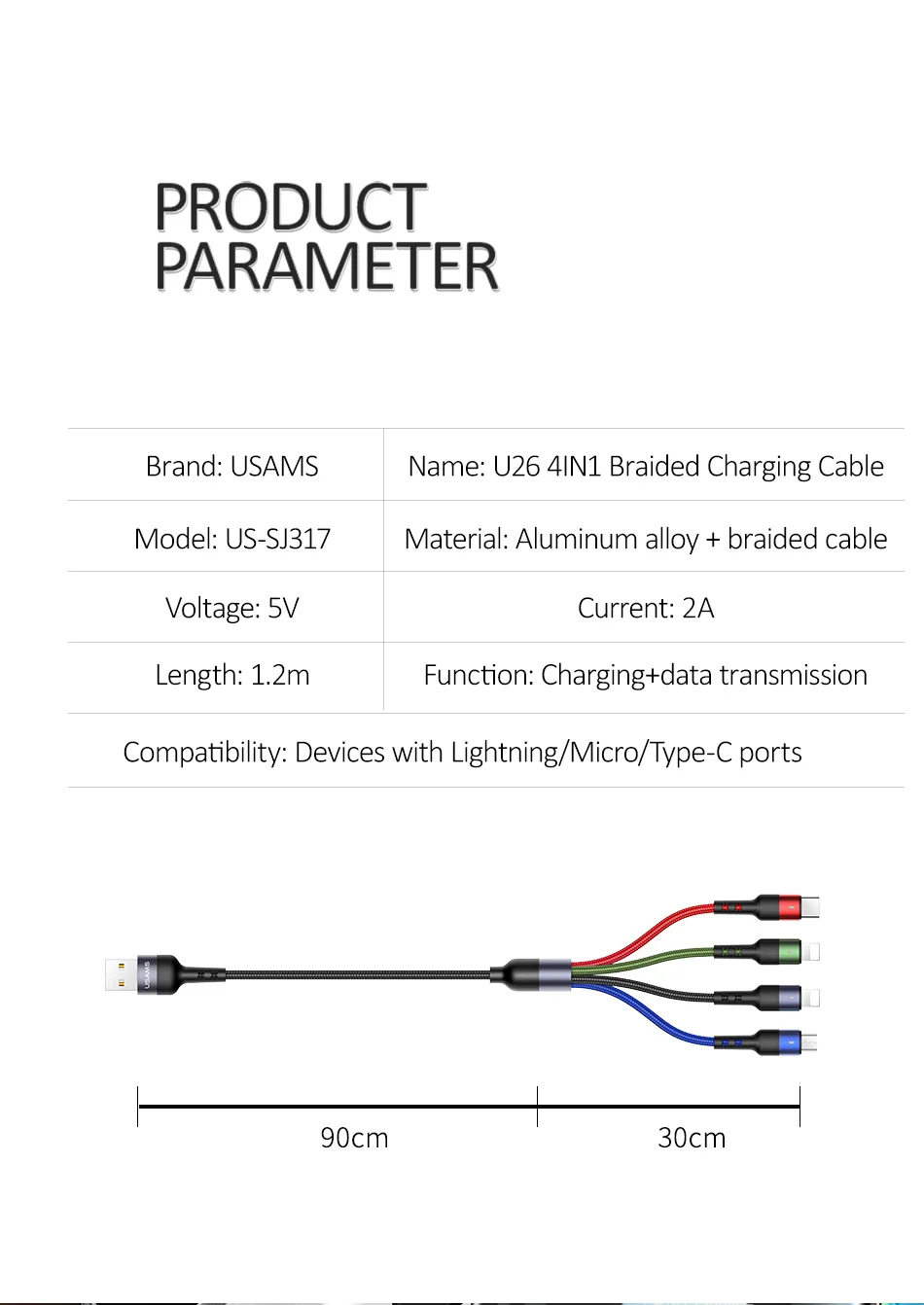 USAMS 4 в 1 мульти usb зарядное устройство кабель для iPhone samsung huawei xiaomi зарядный кабель для lightning micro usb type c кабель Android