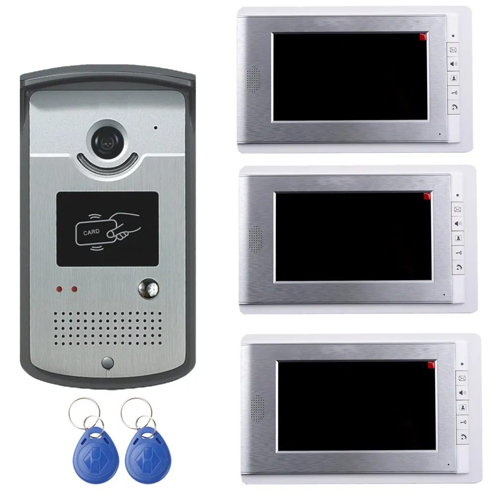 

2017 hotsale 7inch video door phone for villa with night vision id card unlock the door TFT screen intercom system 1v3 system