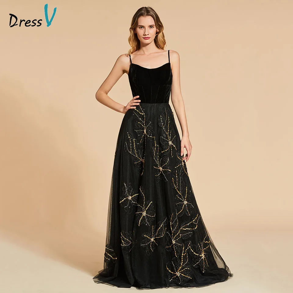 

Dressv black evening dress spaghetti straps sleeveless a line appliques floor length wedding party formal dress evening dresses