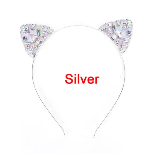 silver Стразы ободки с кошачьими ушками для женщин девушек милый металлический цветок с кристаллами драгоценность ободок для волос обруч для волос аксессуары для волос - Цвет: silver