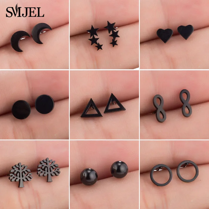 

SMJEL Fashion Bohemian Vintage Earrings Jewelry Cute Black Geometric Round Stainless Steel Stud Earring Best Gift for Women Girl