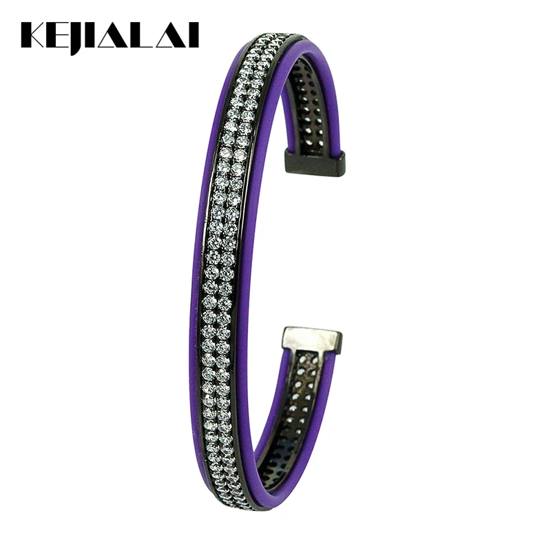 Hot Sale Genuine Leather Bracelets Men Bangle Purple Pave with Double Lines Clear Zircon Open Cuff for Women Punk Style | Украшения и