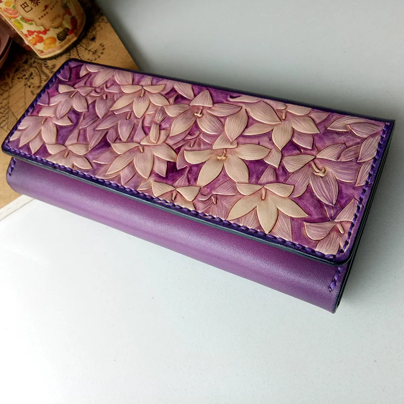 Handmade Violet Noble Wallets Original Design Carving Flower Purses Women Long Clutch Vegetable Tanned Leather Wallet Gift