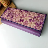 handmade violet noble wallets original design carving flower purses women long clutch vegetable tanned leather wallet gift
