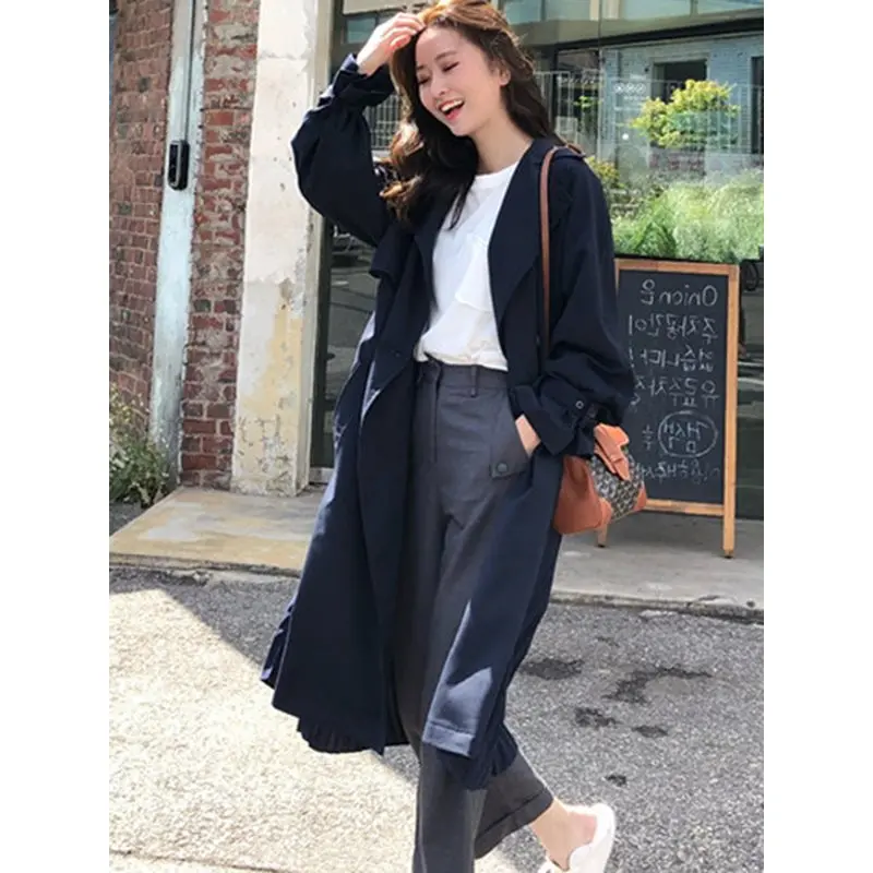 Женское длинное пальто Тренч цвета хаки повседневное тонкое офисное на шнуровке