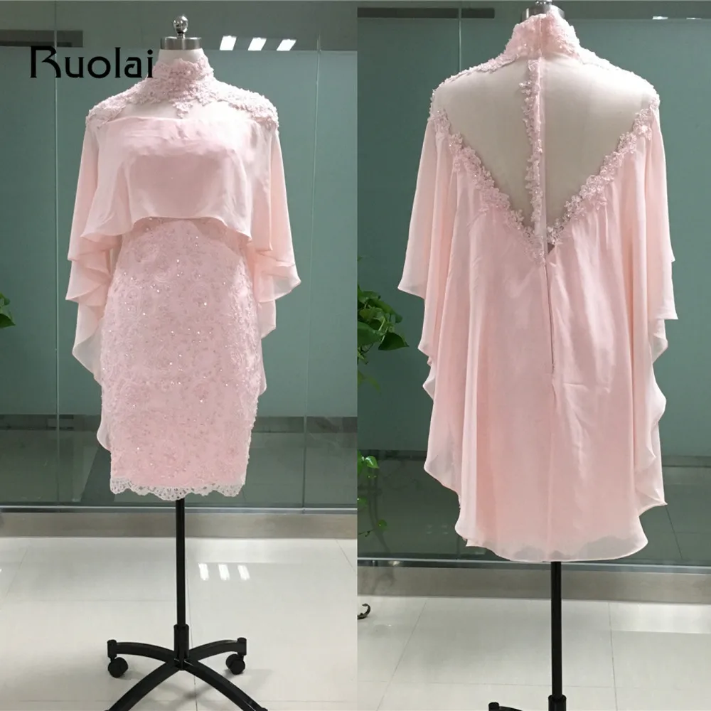 

Elegant Real picture High Neck Chiffon Short Prom Dresses with Shawl Pink Evening Dresses Appliqued Beaded Party Girl Dress FP13