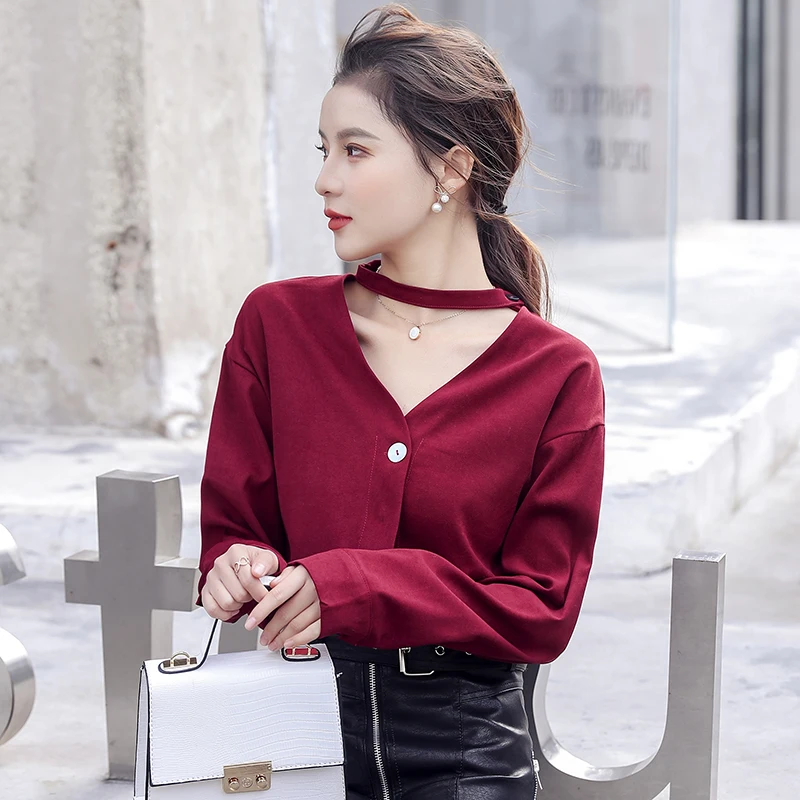 2019 Spring Blouses Women Long Sleeve Shirts Female Fashion Office Lady OL Elegant Womens Tops and Black Red | Женская одежда