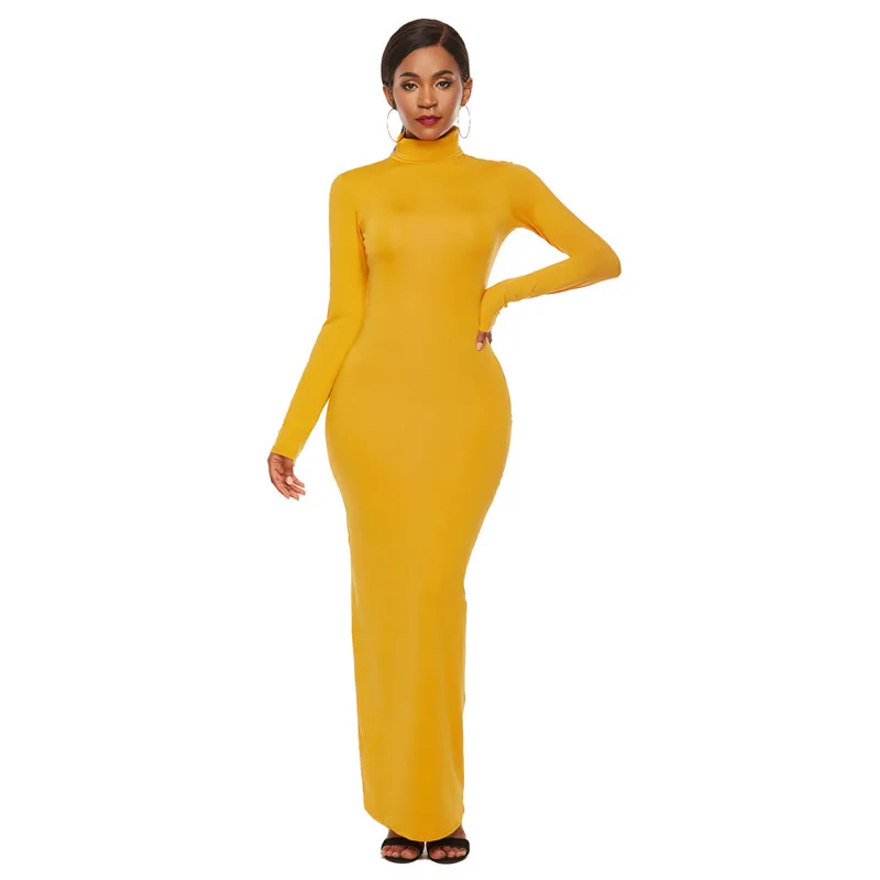 New popular long-sleeved slim women's dress high waist tight collar casual stretch fashion | Женская одежда