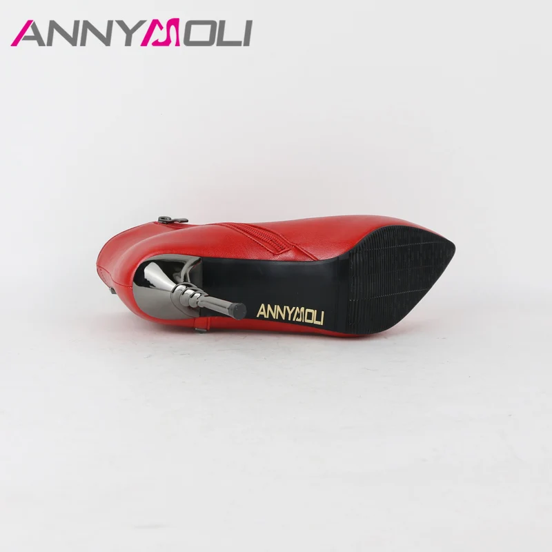 ANNYMOLI/женские зимние ботинки; ботильоны на высоком каблуке; полусапожки с заклепками на молнии; коллекция года; Весенняя женская обувь для вечеринок; цвет красный, черный; Размеры 33-43