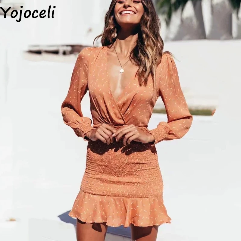 Yojoceli сексуальное платье с рюшами и принтом женское осенвечерние вечернее