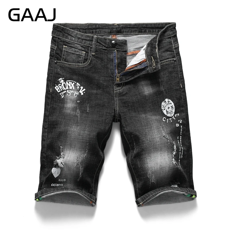 Мужские джинсы бермуды GAAJ черные рваные в стиле хип хоп 38 40 2019|short for men|men summershorts jeans