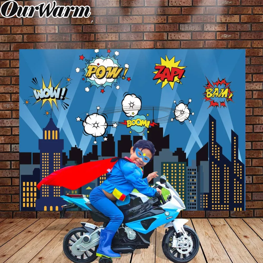 

OurWarm 5x7ft Building Superhero city Backdrops Blue Kids Boy Birthday Party Background Decoration Newborn Celebrate Photography