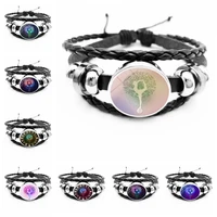fashion vintage yin and yang life tree black leather bracelet glass convex round men and women jewelry bracelet accessories
