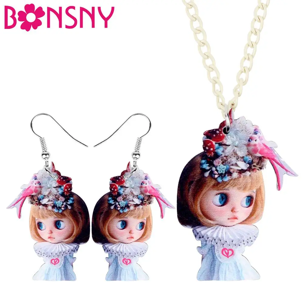 

Bonsny Acrylic Jewelry Set Classical Aristocratic Dress Girl Necklace Earrings Fashion Pendant For Women Girls Charm Gift NE+EA