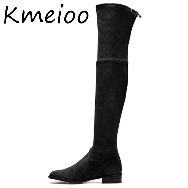 Kmeioo shoes woman 2018 Winter Pointed Toe Thigh High Over The Knee Women Boots Stretch Suede Flat Heel Tall US Size 5-15 | Обувь