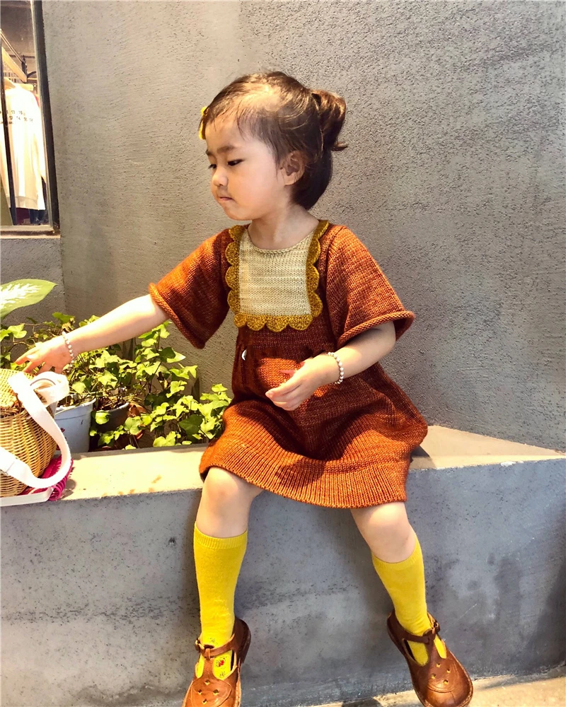 2-10Y New 2019 Spring Summer Short Sleeve Knitted Round Collar Girls Dress Fashion Style Princess for autumn winter | Детская одежда и