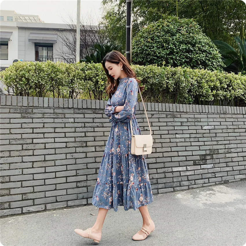 Женское шифоновое платье с длинным рукавом и цветочным принтом повседневное