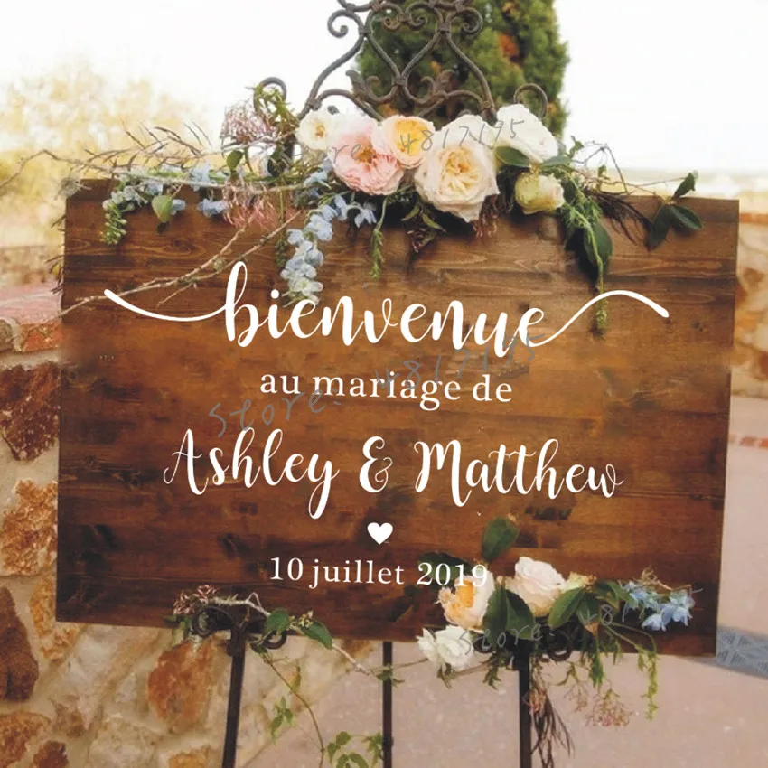 Estilo francés boda espejo vinilo pegatina nombres personalizados pared pegatina boda bienvenida...