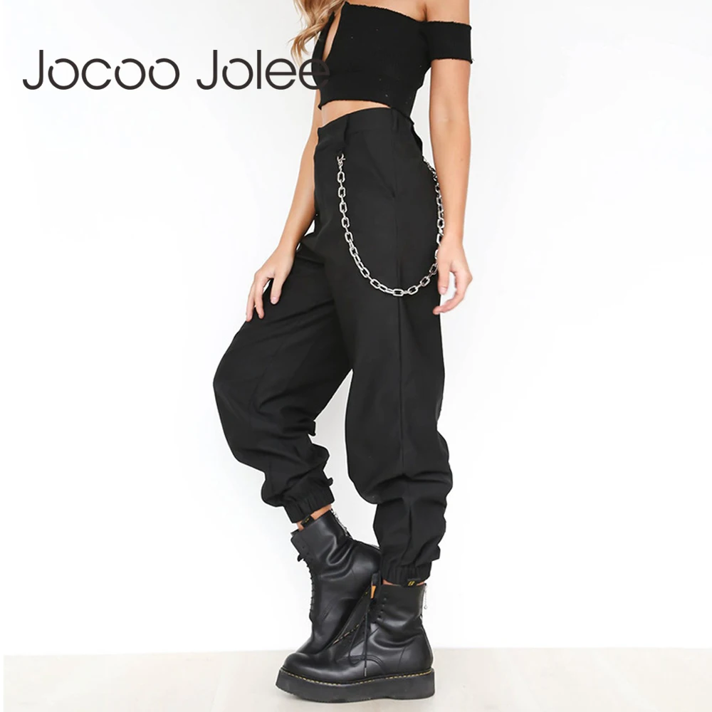 Jocoo Jolee женские штаны-шаровары с высокой талией женские модные тонкие однотонные длинные штаны в стиле хип-хоп Уличная одежда с цепочками