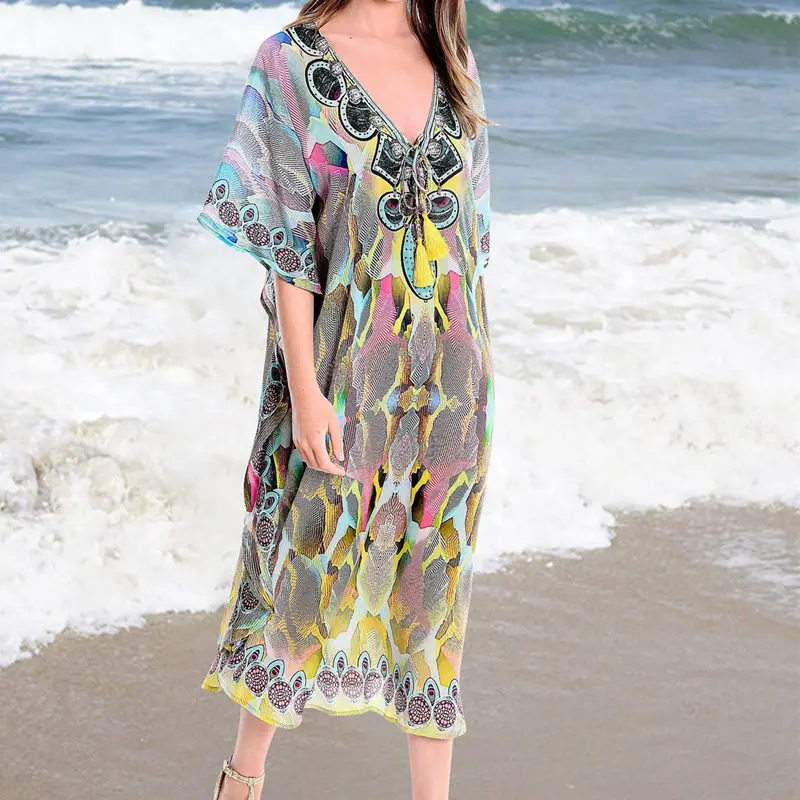 Новое печатное бикини прикрытие женщин 2020 Летняя Пляжная туника платье шифон
