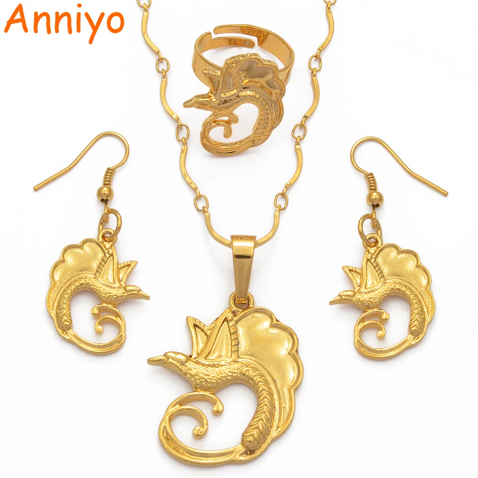 Ожерелье и серьги Anniyo золотого цвета Этническая птица PNG для женщин свадебные