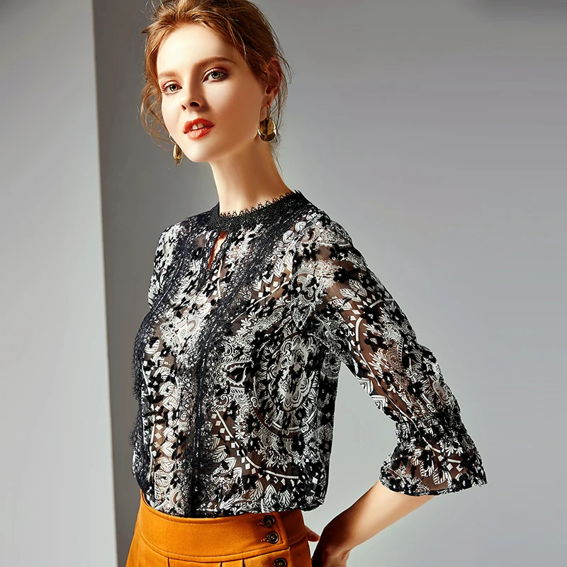 2019 Women's Runway Shirts O Neck Sexy Keyhole Lace Patchwork Printed Ruffles Elegant Blouse Tops |