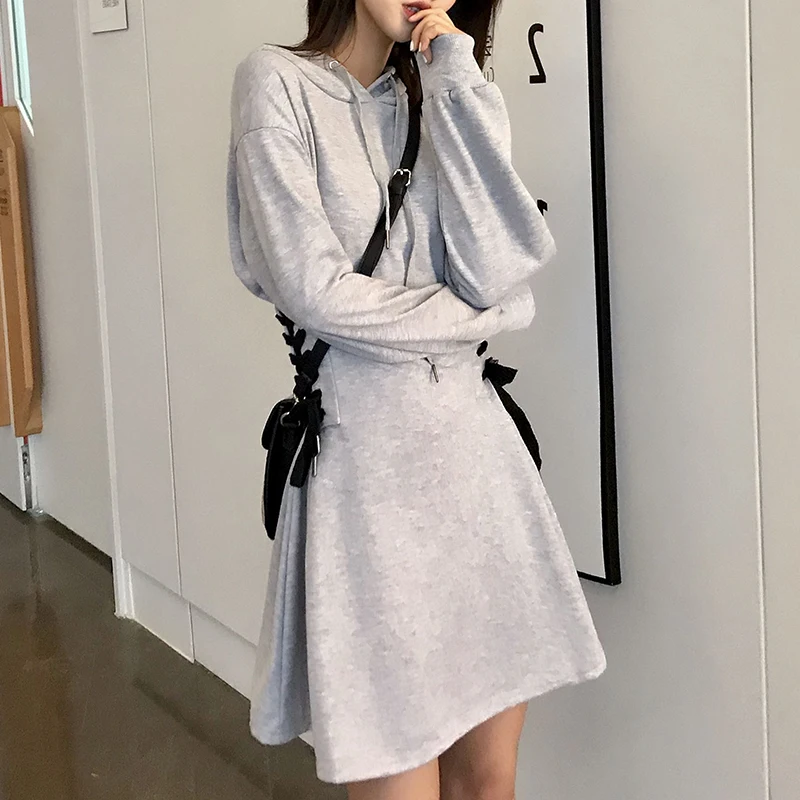PERHAPS U black gray solid long sleeve hooded A-line dress lacing bow mini short high street women D0959 | Женская одежда