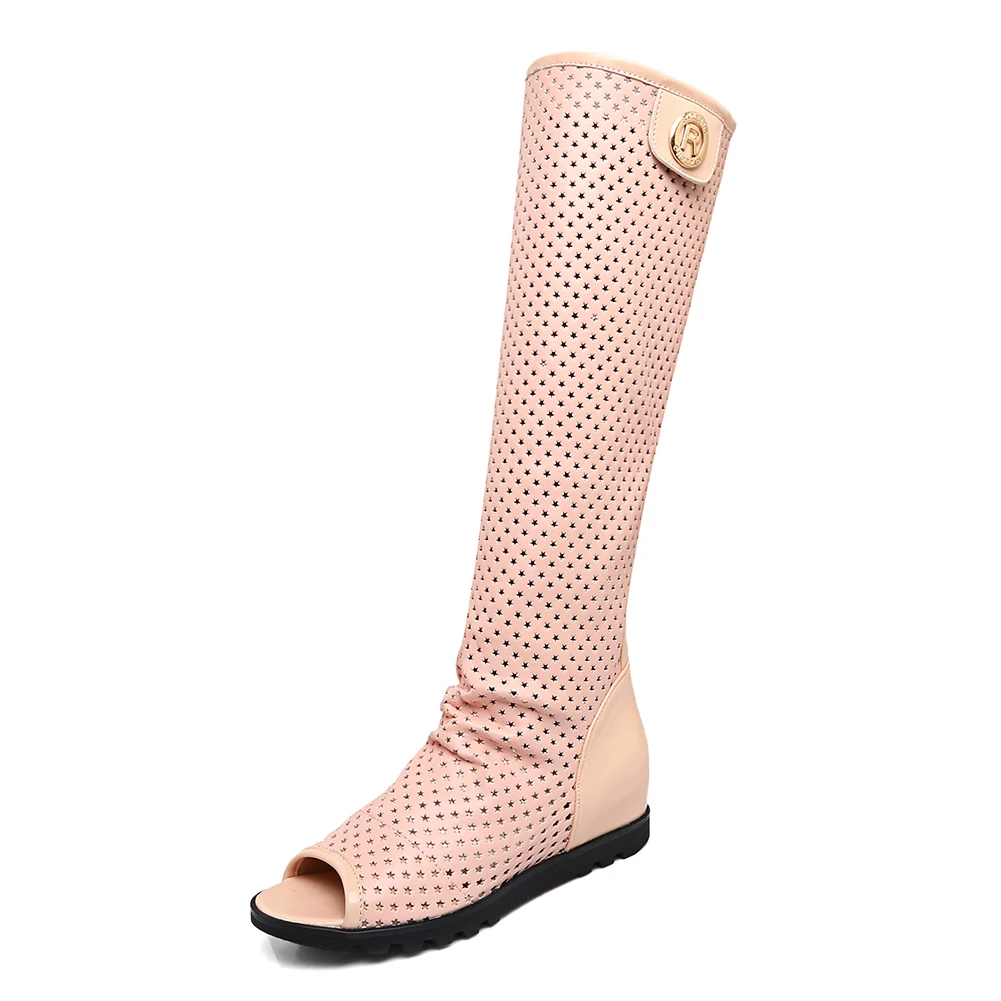 Fashion hollow gladiator Peep toe knee high Boots Woman leisure height increasing summer Boots Woman women shoes - Цвет: pink