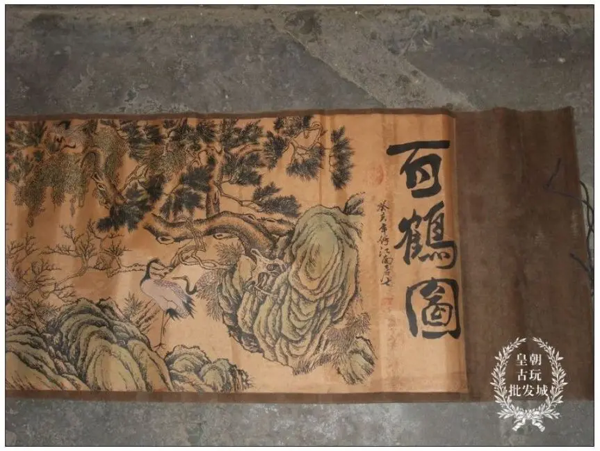 

Exquisite Chinese Ancient picture silk paper Hundred Cranes Scroll painting 3M