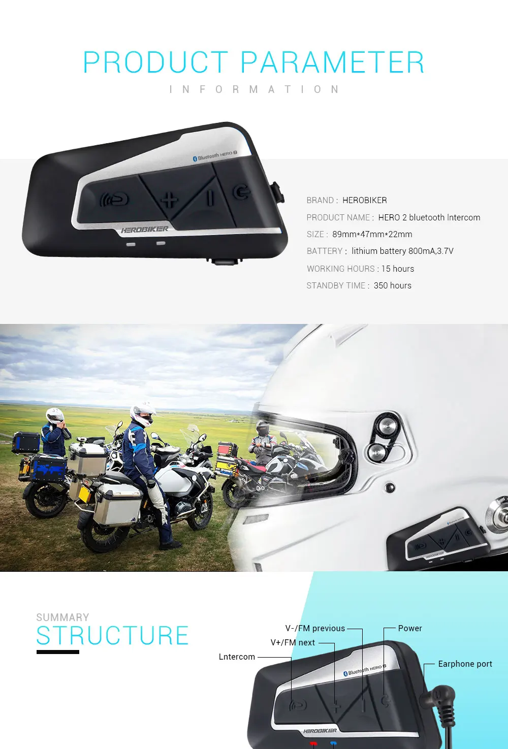 HEROBIKER мотоциклетный домофон Мото шлем водонепроницаемый беспроводной Bluetooth гарнитура мото гарнитура с fm-радио для 2 аттракционов 1200 м