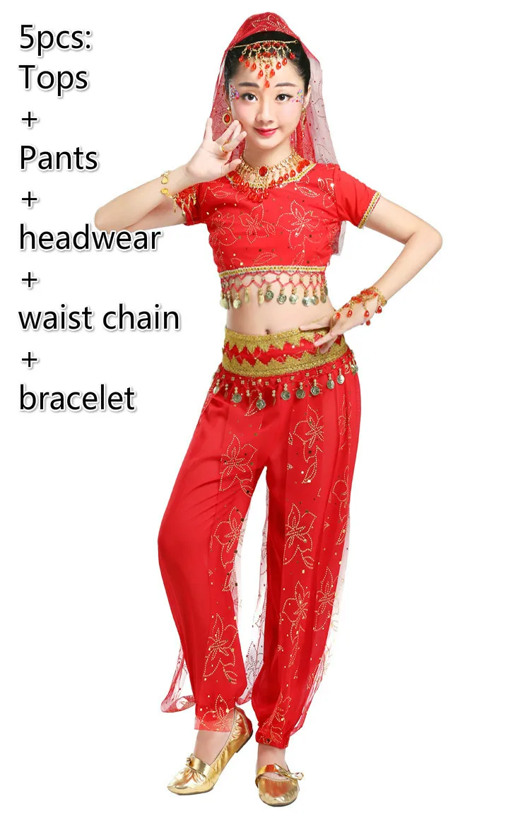 5pcs red Детские восточные костюмы для танца живота, одежда для соревнований, детская одежда для индийских танцев, одежда для выступлений, танцевальная одежда Болливуда, 3 цвета - Цвет: 5pcs red