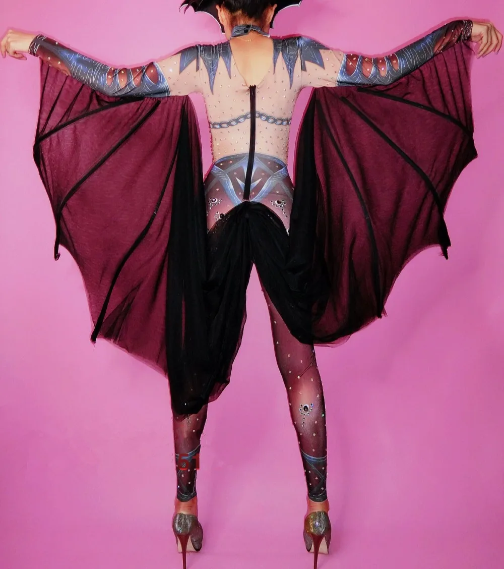 Комбинезон из спандекса с 3D рисунком и крыльями для женщин на Хэллоуин|Женские