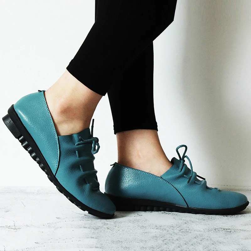 

Women Shoes New Arrival Spring lace-up Pleated Genuine Leather Flats Shoes Woman Rubber Party Female Shoes Tenis Feminino