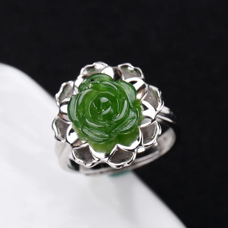 Женское кольцо с натуральным драгоценным камнем зеленое Jade Jasper розовым цветком