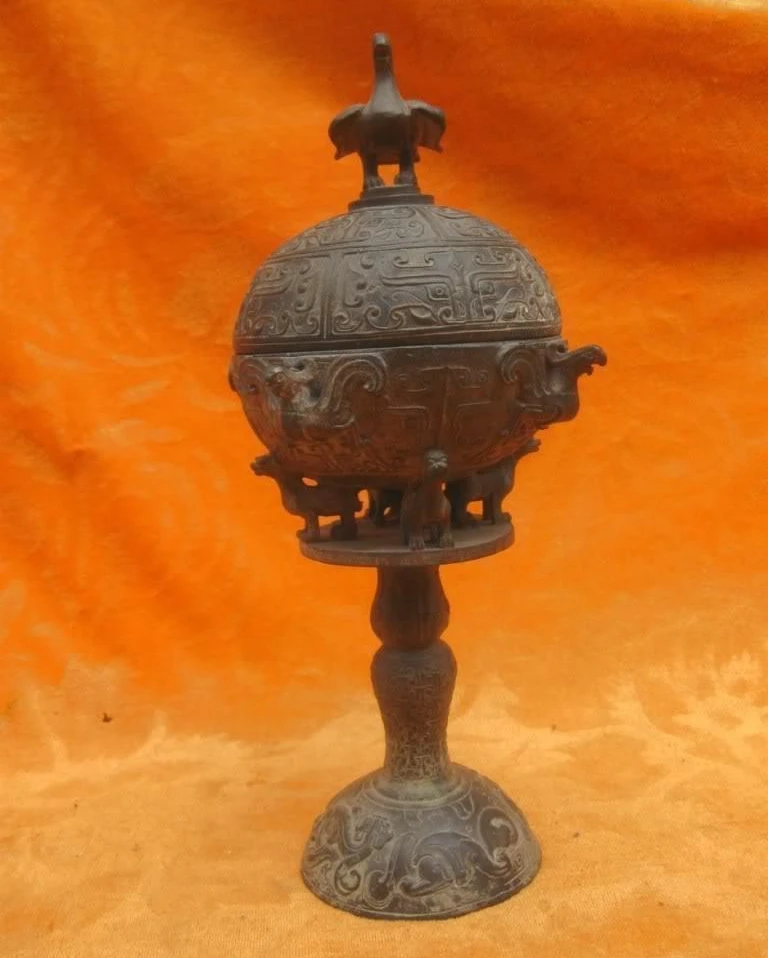 

10" Chinese bronze copper carved fine bird animal incense burner censer Statue
