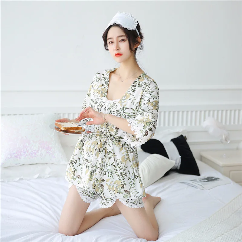 Freshing Summer Ice Silk Camisole Pajamas Three-piece Woman Sexy Printing Korean Fashion Sleepwear | Женская одежда