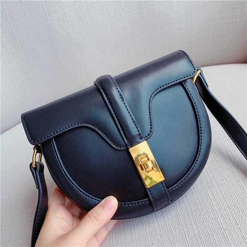 New Saddle bags Top Layer Calfskin Flip Collar Bag Retro Small Trumpet Single Shoulder Oblique Satchel