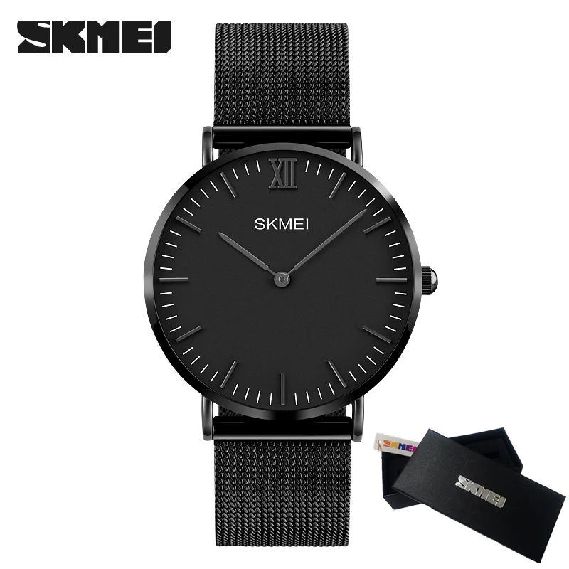 BOX black SKMEI новые топ роскошные часы мужские Брендовые мужские часы ультра тонкие из нержавеющей стали сетчатый ремешок кварцевые наручные часы модные мужские часы - Цвет: BOX black