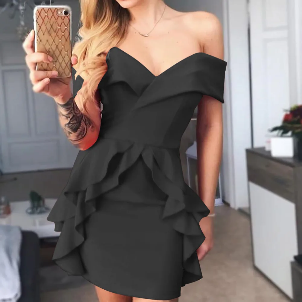Модное женское сексуальное однотонное платье с оборками открытыми плечами в