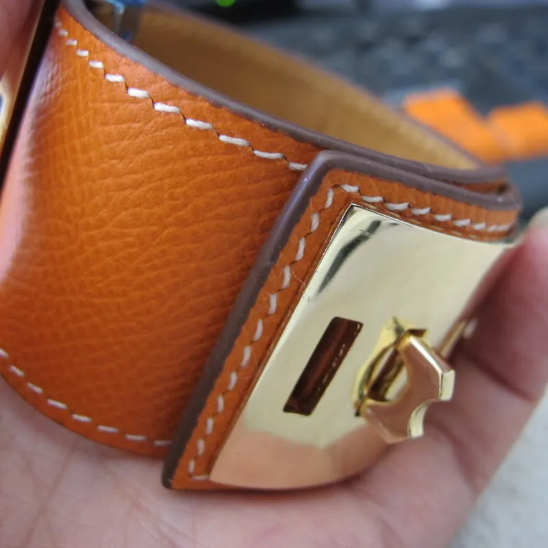 orange 002 and gold Широкий браслет из натуральной телячьей кожи большой 316L нержавеющая сталь фурнитура Панк ювелирные изделия для женщин - Окраска металла: orange 002 and gold