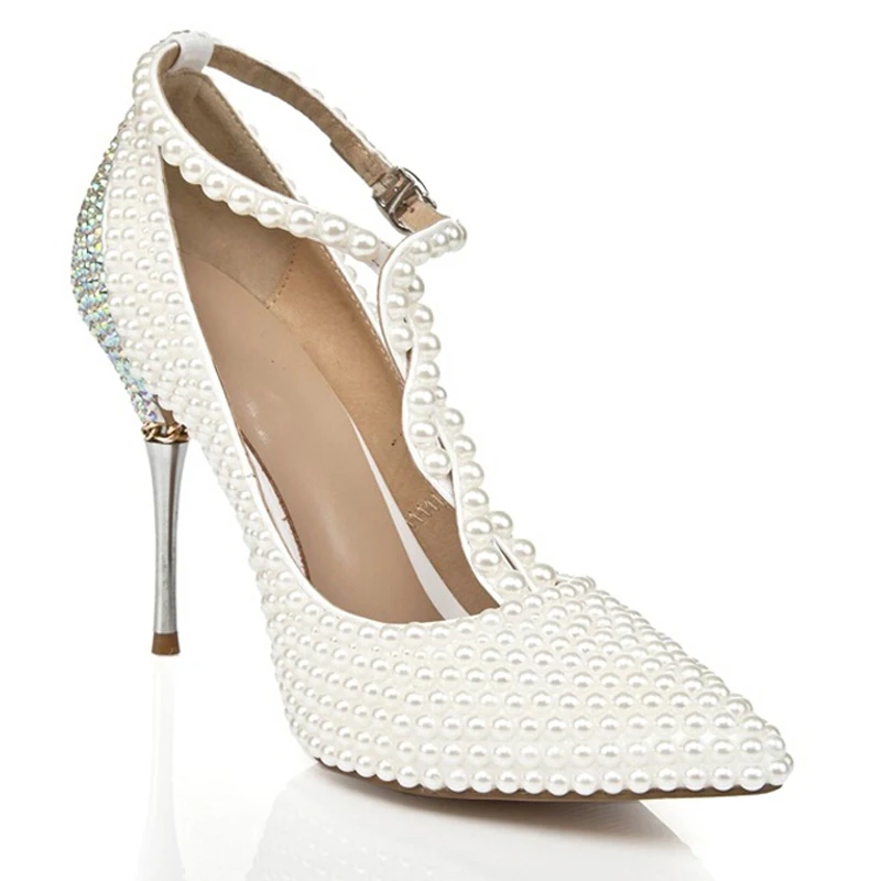 С Т образным ремешком Свадебные туфли цвета слоновой кости с Стразы острым