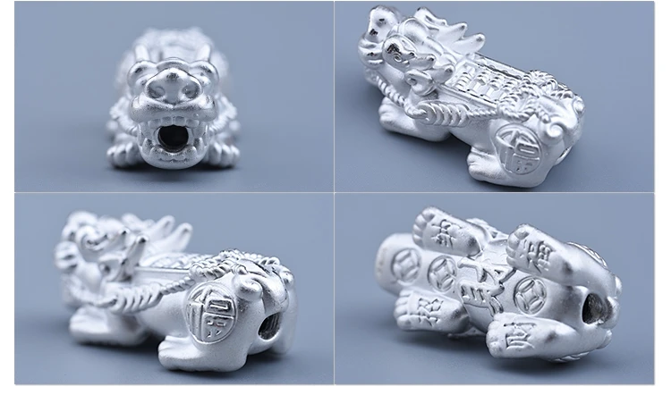 3D 999 серебряные бусины Pixiu, настоящее чистое серебро, бусины Fengshui Pixiu, богатство Piyao, бусины на удачу для богатства, DIY ювелирные изделия