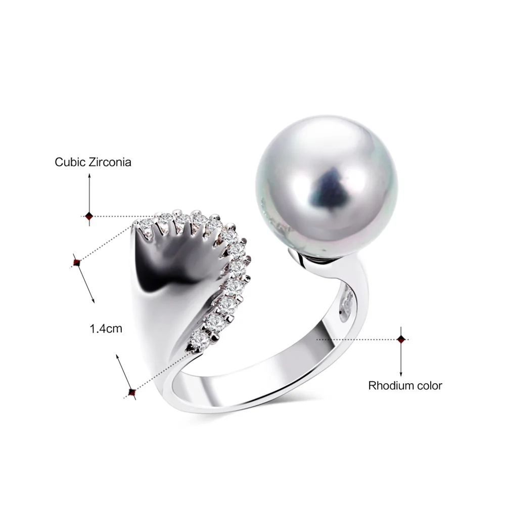 DC1989 Women Wedding Ring Mermaid Look 12 mm Synthetic Pearl 3 Colors CZ Paved Rhodium Color Femmes Anneaux Sizes 5 6 7 8 9 10