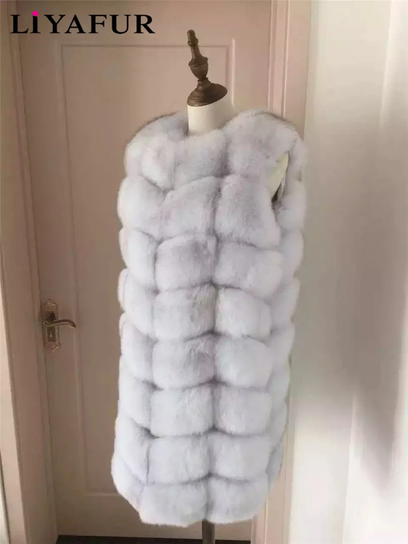 LIYAFUR натуральная Толстый Полный Пелт синий и Silver Fox Мех животных длинный зимний жилет для женщин пальто Верхняя одежда плюс размеры