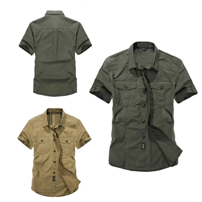 Рубашка мужская хлопковая с коротким рукавом цвета хаки весна-лето | Мужская